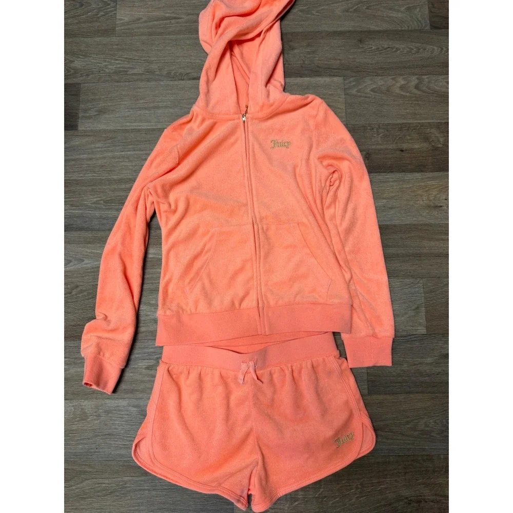 Juicy Couture Girls Peach Velour Hoodie and Shorts Set Rhinestone Cherry 8/10